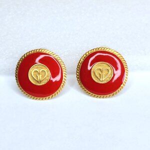 St. John VINTAGE Red and Gold Round Clip On Earrings OS Rare Uncommon Collectors